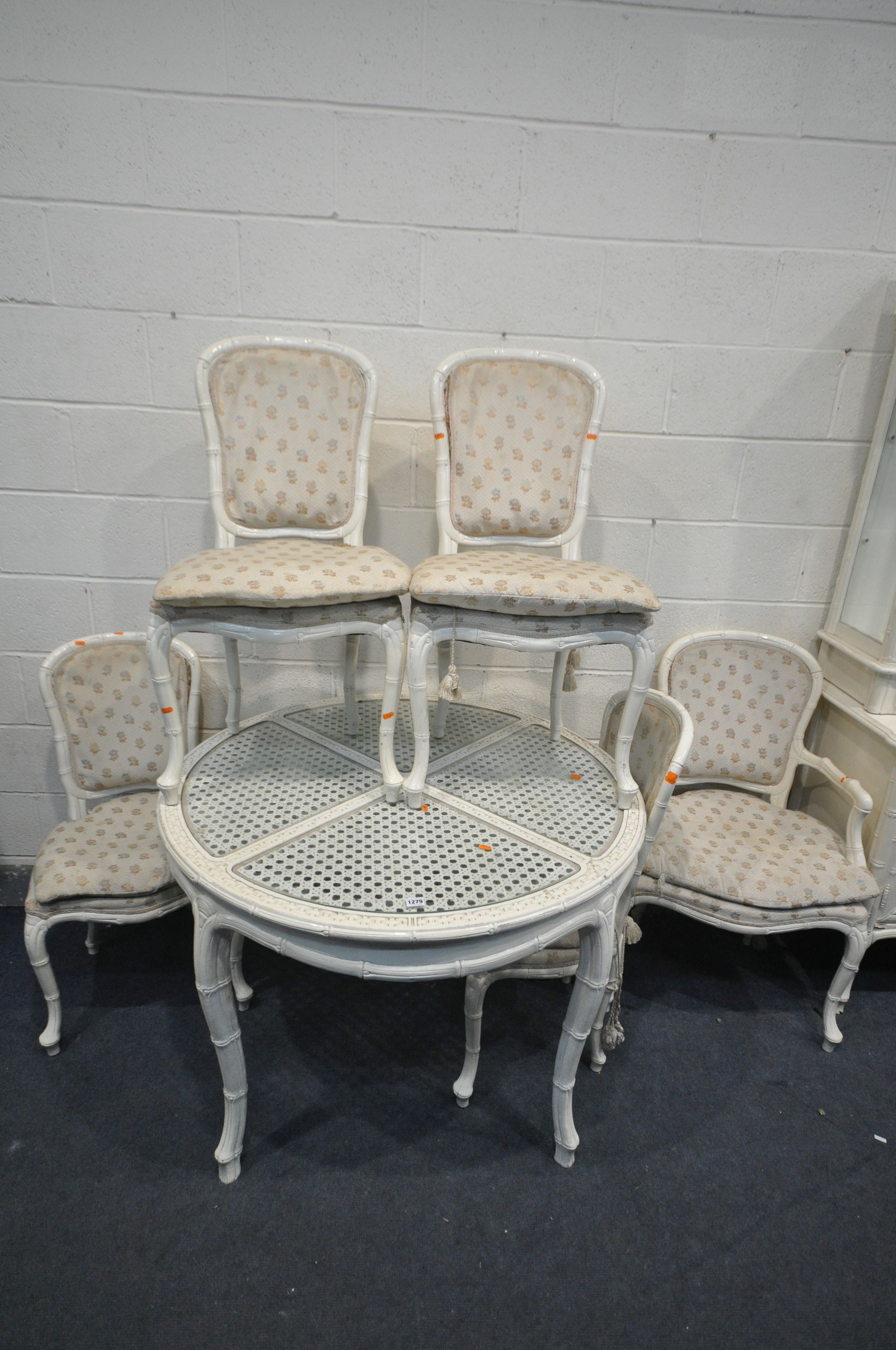 A CREAM FRENCH BAMBOO STYLE DINING SUITE, comprising a circular table, with glass inserts, - Image 2 of 5