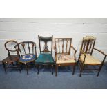 A SELECTION OF CHAIRS, to include an Edwardian mahogany and inlaid elbow chair, a mahogany carver