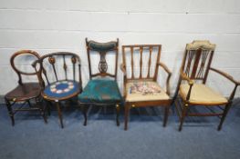 A SELECTION OF CHAIRS, to include an Edwardian mahogany and inlaid elbow chair, a mahogany carver