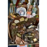 THREE BOXES AND LOOSE METALWARE, CLOCKS, TWO PEGGY NISBET COSTUME DOLLS AND ASSORTED CERAMICS,