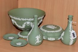 A GROUP OF WEDGWOOD GREEN JASPER WARE, comprising a footed bowl decorated with swags of grapevines