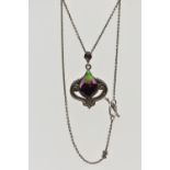 AN ARTS AND CRAFTS ENAMEL PENDANT NECKLACE, the pear drop pendant decorated with green and purple