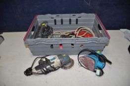A TRAY CONTAINING POWER TOOLS including a Wickes Hammer Drill, a MacAllister Angle Grinder, a