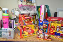A QUANTITY OF MCDONALDS BOXED PLAY SETS, A BAG OF WRAPPERS, COCA COLA GLASSES, ETC, including