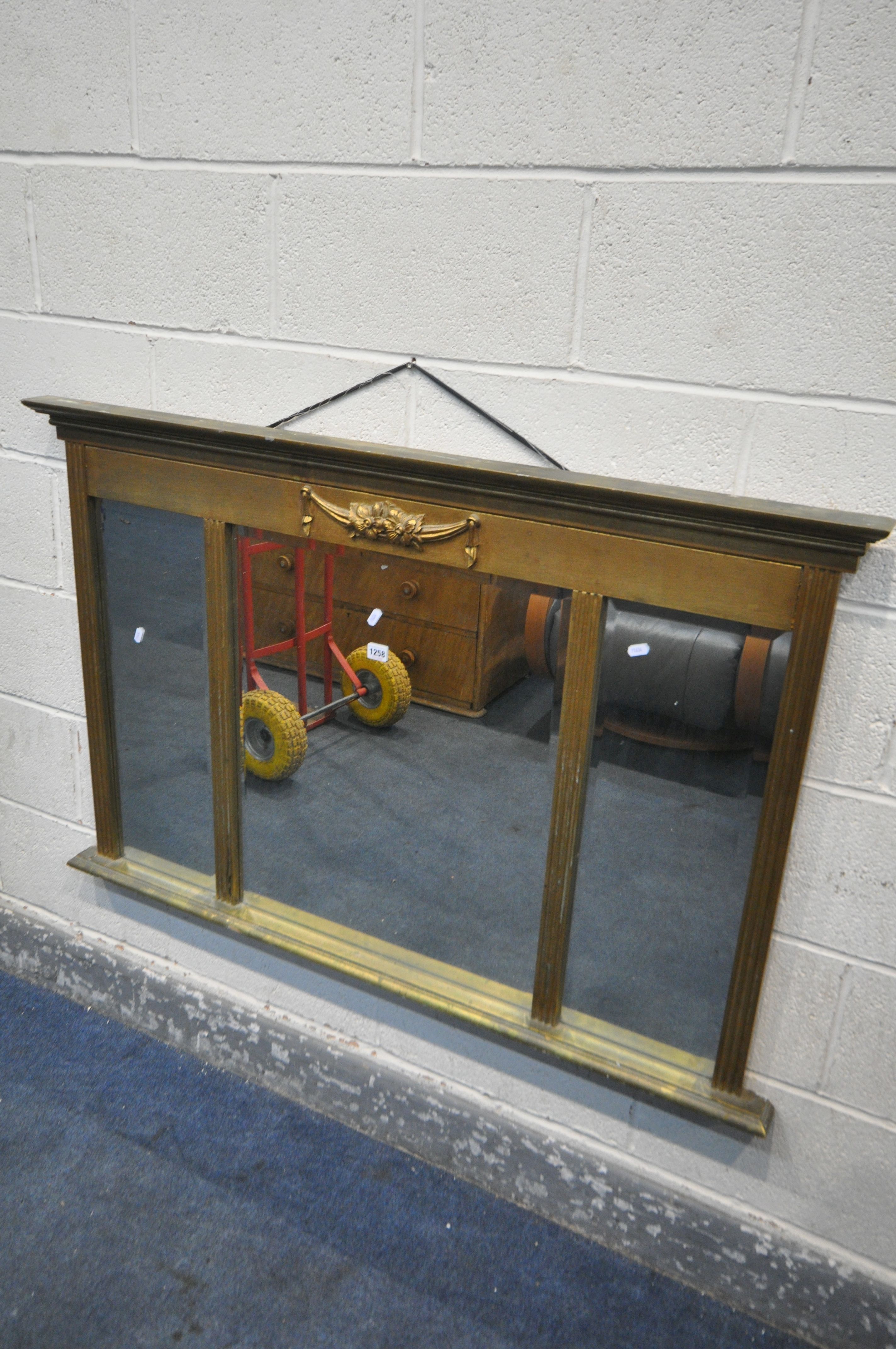 A REGENCY STYLE GILT FRAMED OVERMANTEL MIRROR, with triple bevelled mirrors, width 128cm x 84cm ( - Image 2 of 2