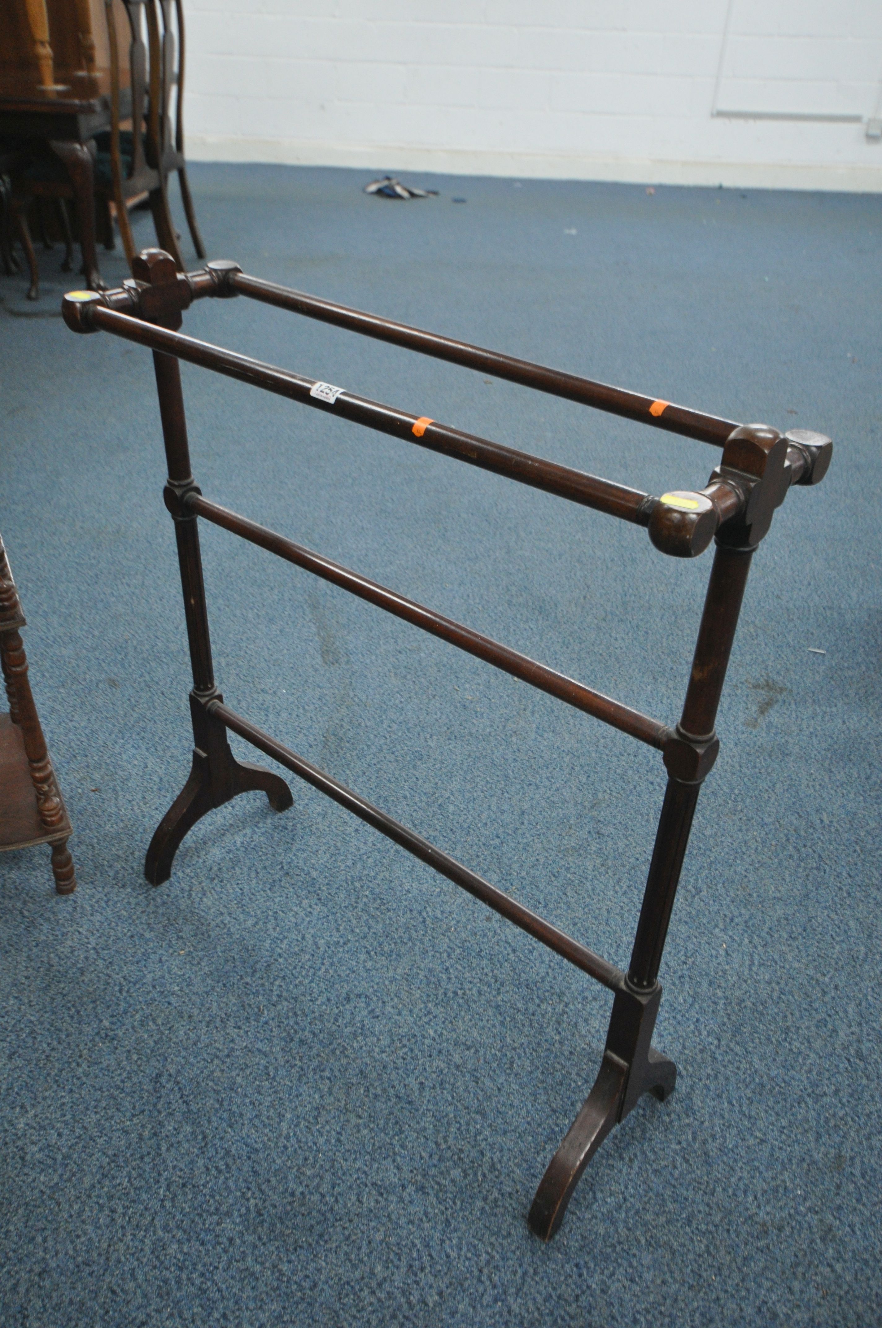 AN EDWARDIAN MAHOGANY TOWEL RAIL, along with an oak four tier graduated corner what not ( - Image 2 of 2