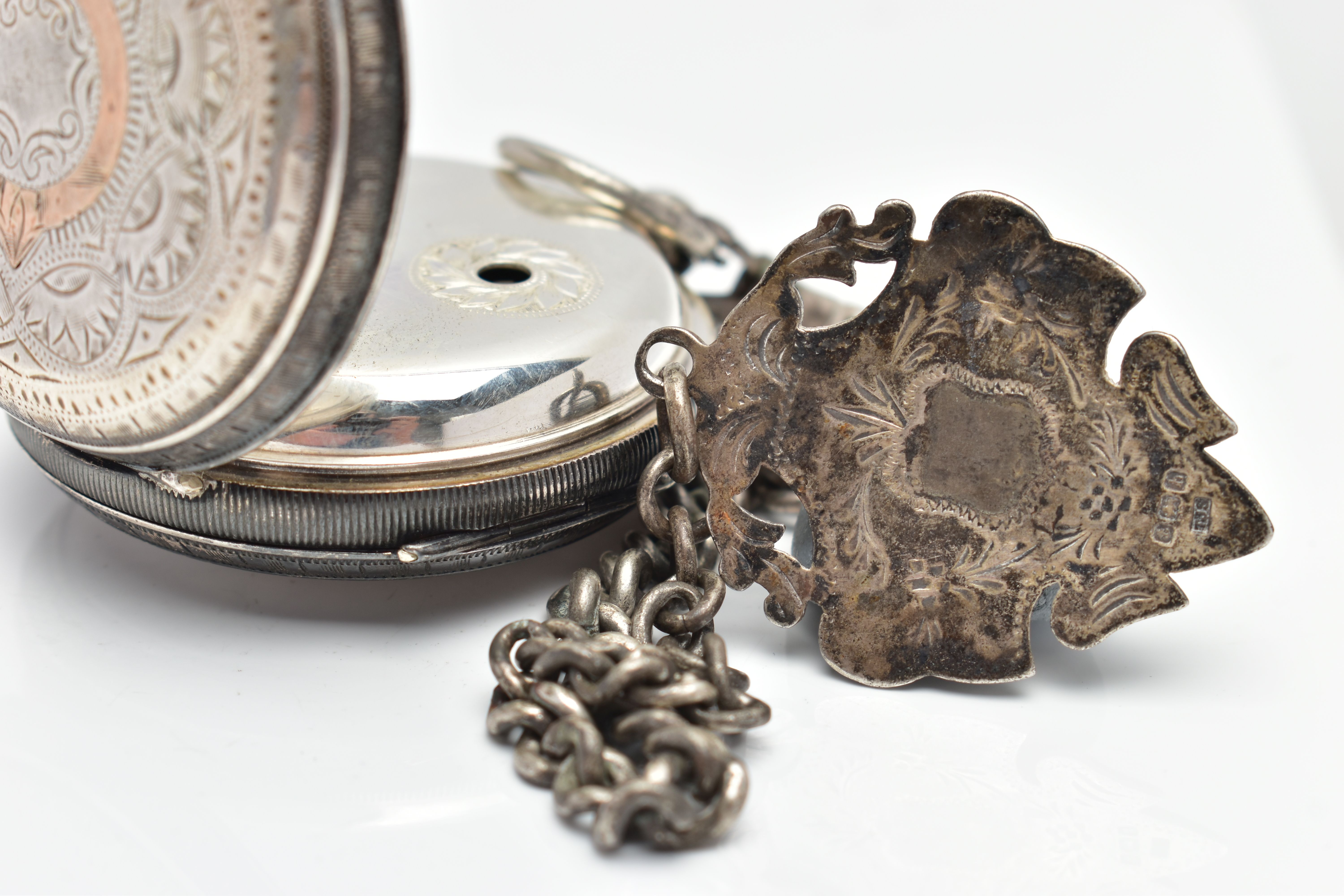AN EARLY 20TH CENTURY OPEN FACE POCKET WATCH AND ALBERT CHAIN, the key wound pocket watch with a - Image 4 of 8