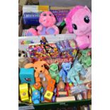 TWO BOXES OF MODERN SOFT TOYS AND GAMES, including TY items, puzzles, wooden Smyths train items,