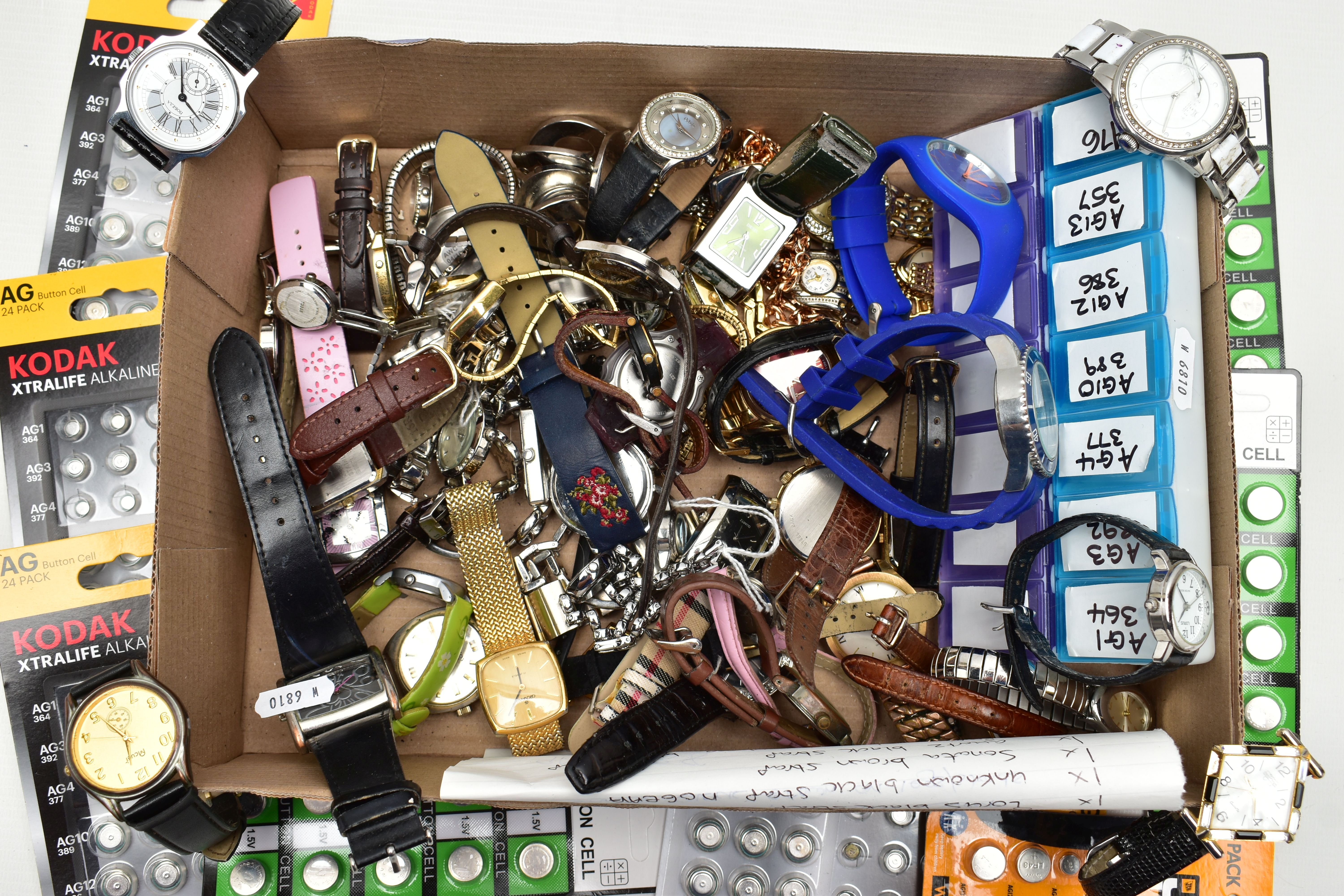 A BOX OF ASSORTED WRISTWATCHES, WATCH BATTERIES ETC, various ladies and gents wristwatches, some