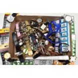 A BOX OF ASSORTED WRISTWATCHES, WATCH BATTERIES ETC, various ladies and gents wristwatches, some