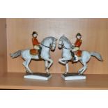 TWO UNTERWEISSBACH PORCELAIN HORSES AND RIDERS, the riders in military style uniform with red and