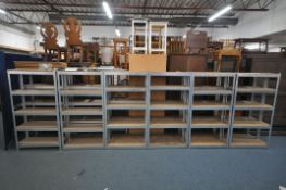TWELVE ASSEMBLED GALVANISED RACKING SHELVING, all with five mdf shelves, and a quantity of loose