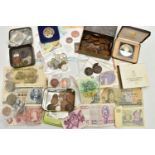 A BOX OF MIXED COINAGE, to include Japan banknotes and distressed others, a tower Mint Royal Naval