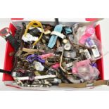 A CARDBOARD BOX OF ASSORTED WRISTWATCHES, used conditions, ladies and gents fashion watches,