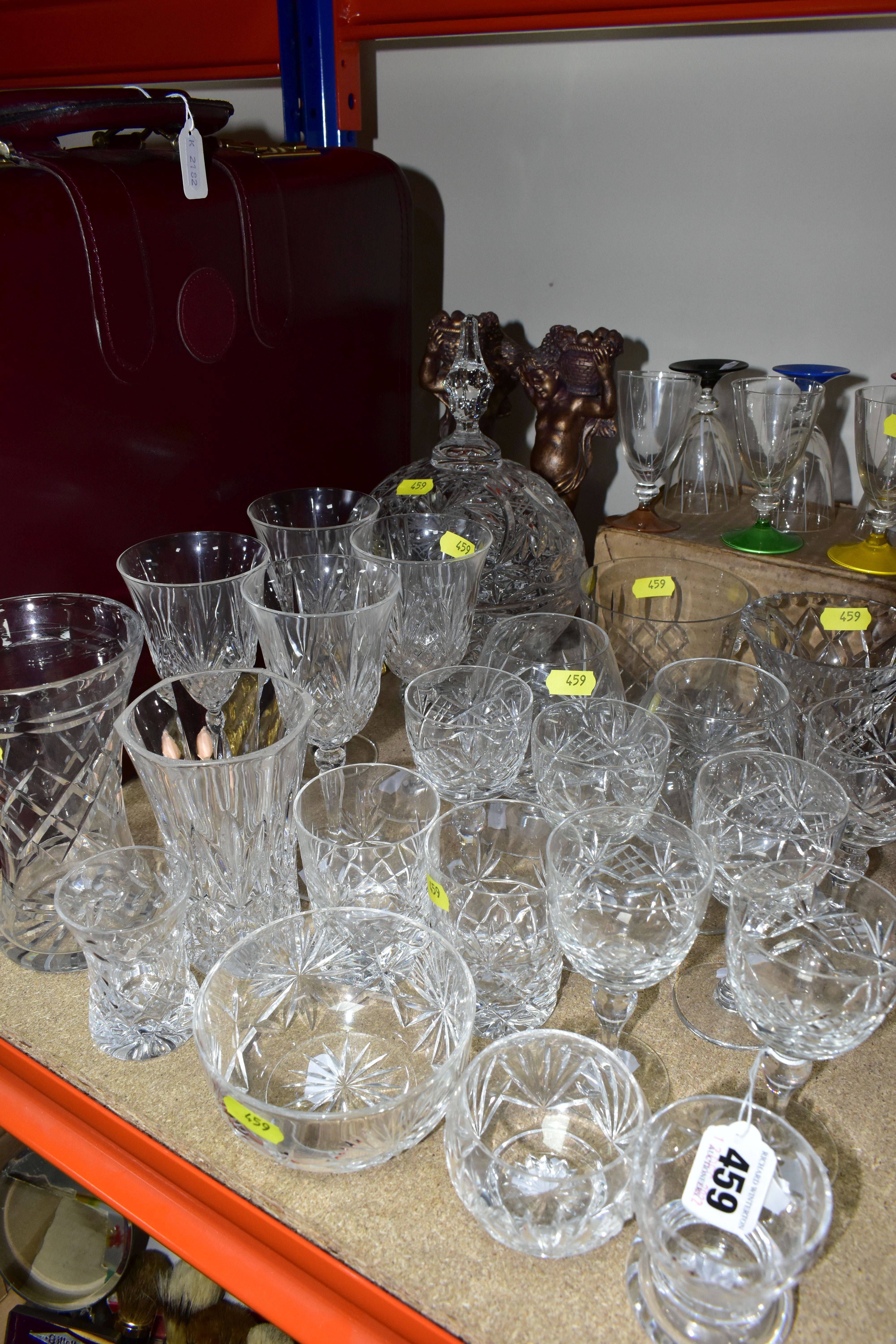 A SMALL QUANTITY OF ASSORTED DRINKING GLASSES AND OTHER GLASSWARE, AN AMIET BRIEFCASE AND A PAIR