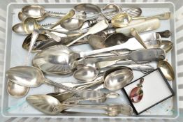A BASKET OF SILVER AND WHITE METAL CUTLERY, to include two early Victorian fiddle pattern serving
