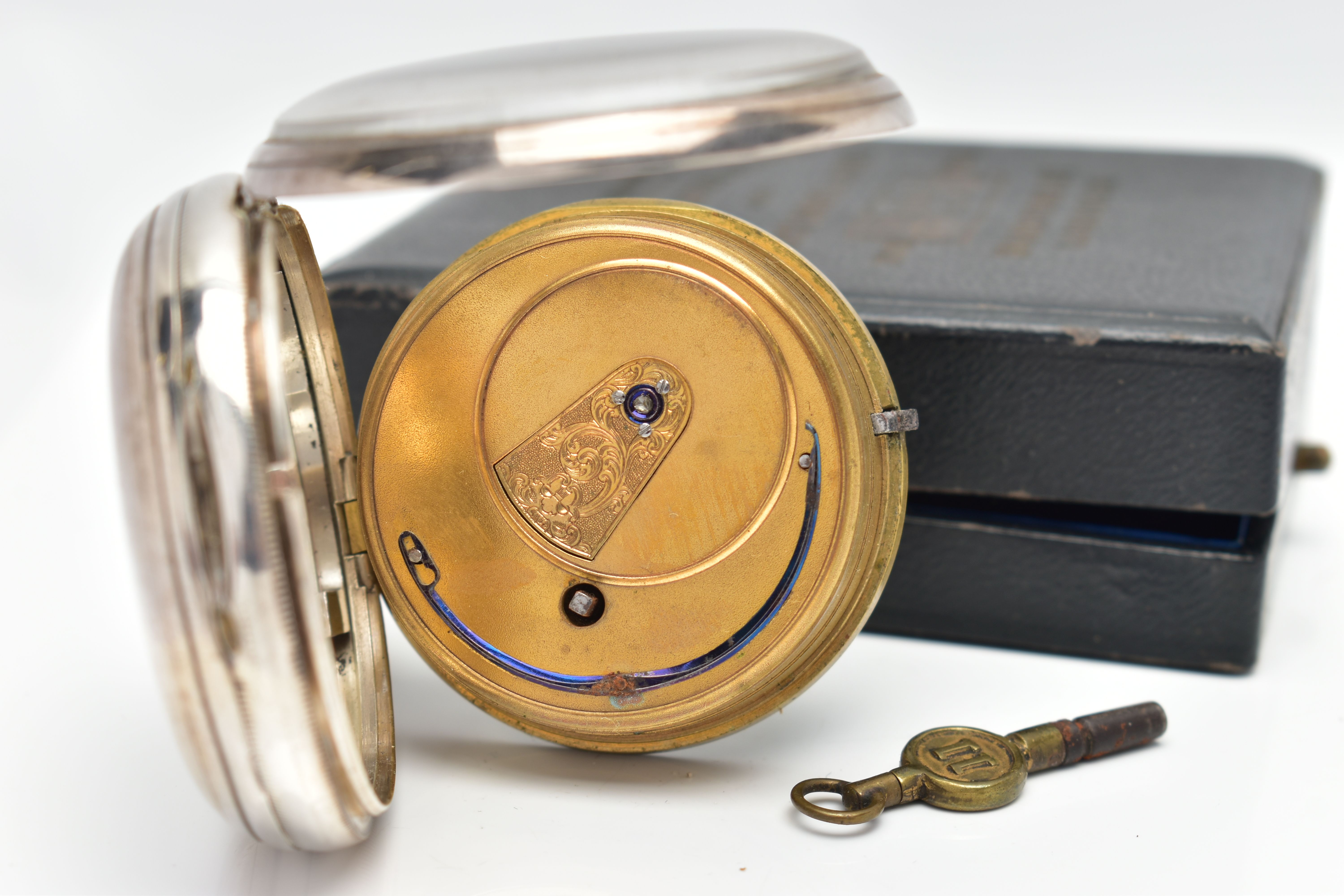 A CASED SILVER OPEN FACE POCKET WATCH, key wound, round cream dial signed 'Improved Patent', large - Image 6 of 8