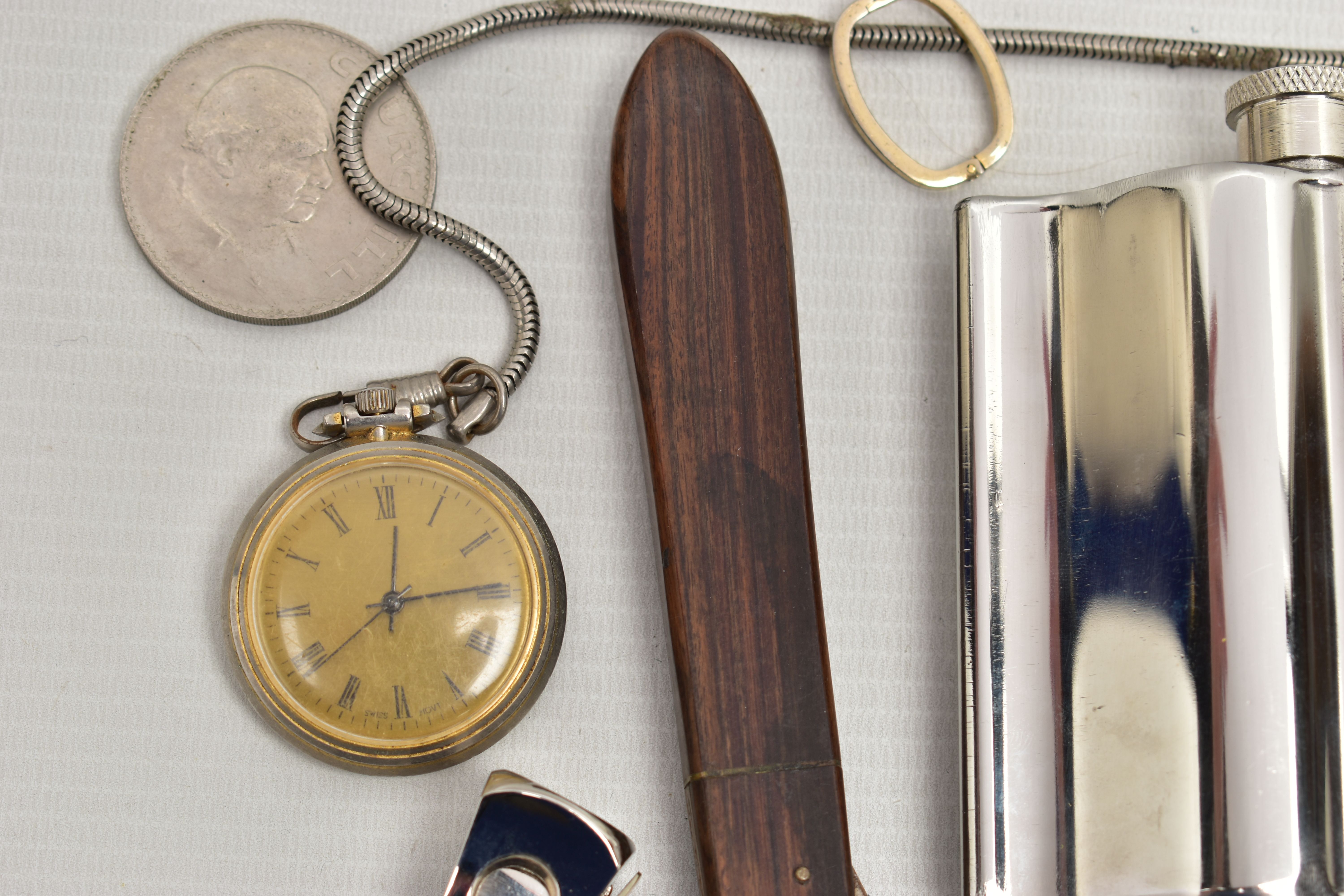A BAG OF ASSORTED ITEMS, to include a hip flask, a wooden handled cigar cutter, a silver cigar - Image 5 of 5