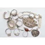 A BAG OF ASSORTED SILVER AND WHITE METAL JEWELLERY, to include a silver bangle with an amber