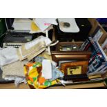 A BOX AND LOOSE OF BOOKS, TEXTILES, OVAL WALL MIRROR, PANASONIC STEREO SYSTEM, ETC, including a