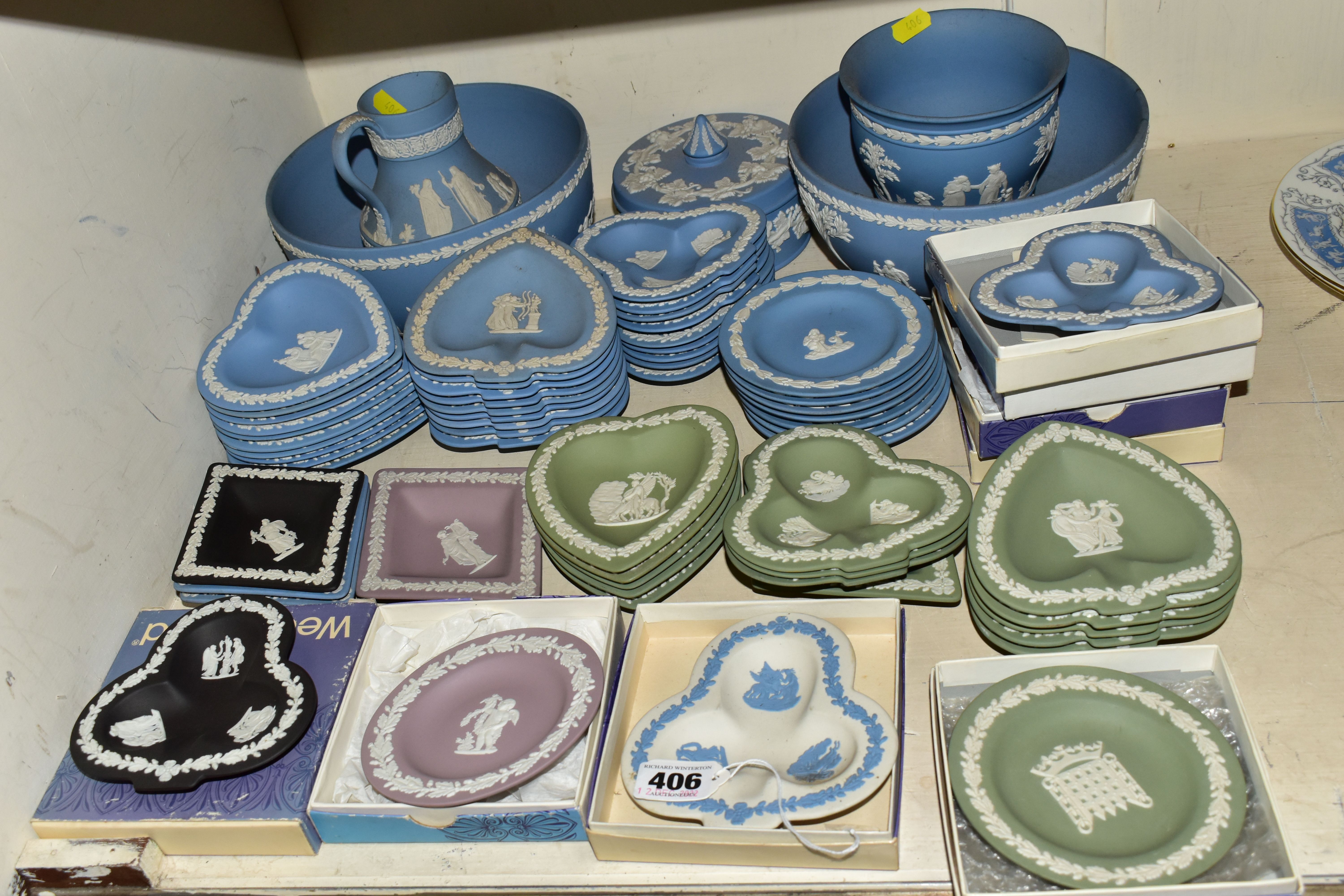 A LARGE QUANTITY OF WEDGWOOD JASPER WARE, comprising blue Jasperware two bowls, planter, jug,