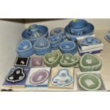 A LARGE QUANTITY OF WEDGWOOD JASPER WARE, comprising blue Jasperware two bowls, planter, jug,