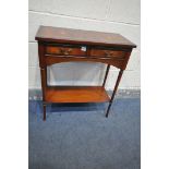 A BRIGHTS OF NETTLEBED MAHOGANY SIDE TABLE, with two drawers on cylindrical tapered legs, united