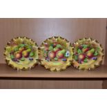 THREE HANDPAINTED CABINET PLATES PAINTED BY J MOTTRAM, each painted with apples, a pear and berries,