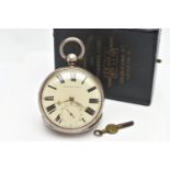 A CASED SILVER OPEN FACE POCKET WATCH, key wound, round cream dial signed 'Improved Patent', large