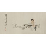 20th century Chinese School, ink on paper, study of a woman at her desk with scholar's objects,