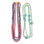 Two gem necklaces, the first designed as a strand of faceted chrysoprase beads and a strand of