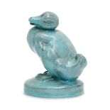 A German turquoise glazed terracotta model of a duck, signed M.ASSMUS, 1914, 10, 13cm high A tiny