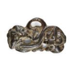 A Chinese gilt bronze 'chilong' pendant, Han dynasty, cast as a pair of intertwined dragons, 5cm