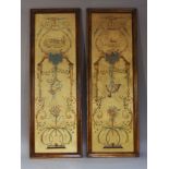 A pair of French painted wall panels, 20th century, on wood, each decorated with birds above a