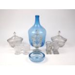 A group of glassware, 20th century, comprising: a pair of oval dishes and covers, 18cm wide, a jar
