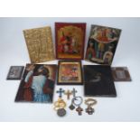 A quantity of religious icons and paraphernalia, 20th Century and later, to include an icon of St