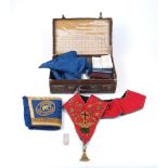 A leather briefcase, 35.5cm wide, containing a collection of Masonic interest including regalia,