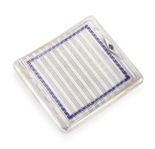 An enamelled cigarette case, stamped 935, of square, concave form, the hinged lid and underside