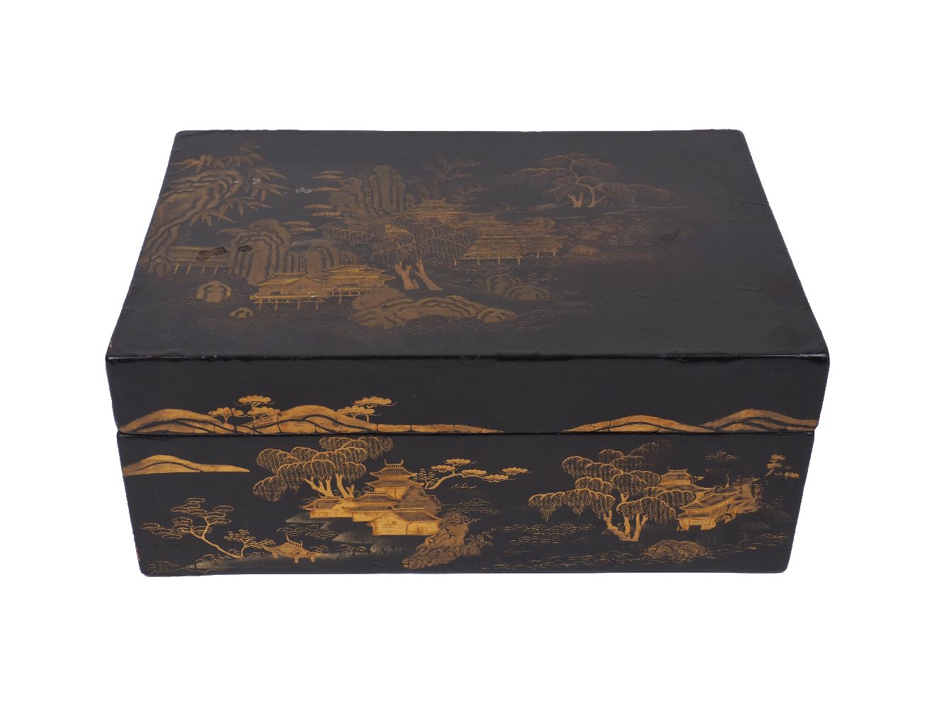 A Chinese black lacquer and gilt decorated box and cover, late 19th century, the exterior with