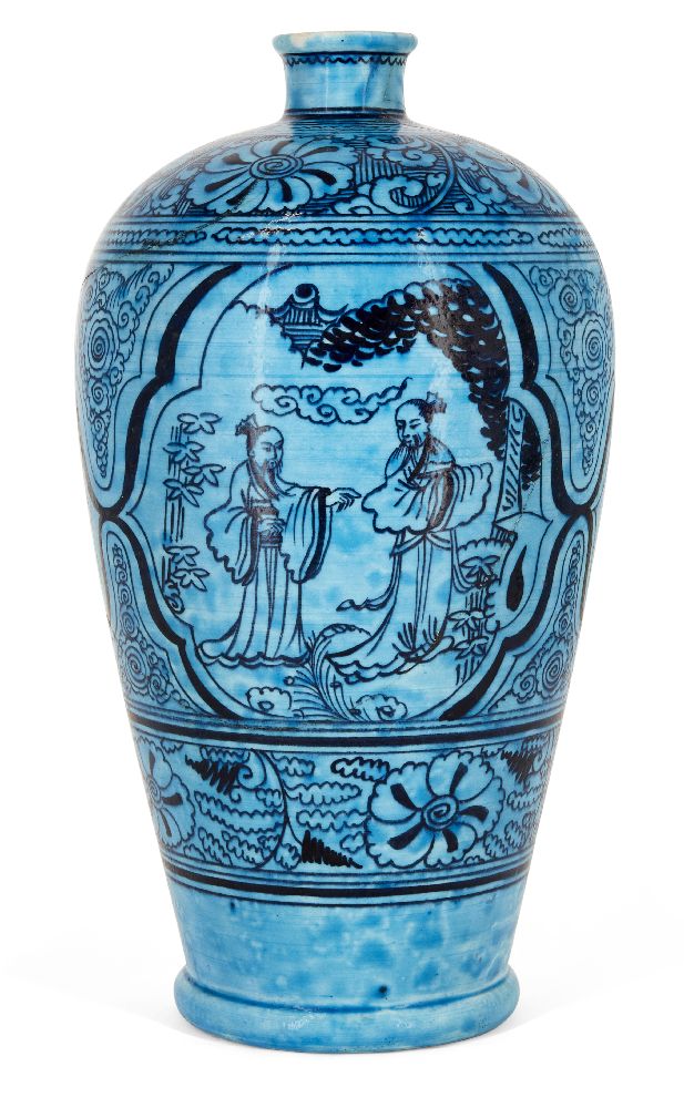 A Chinese stoneware Cizhou turquoise-glazed vase, meiping, late Ming dynasty, the gently tapering