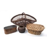 Three bentwood boxes, early 20th largest 67.5cm wide, together with; two wicker baskets, largest