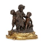 A French bronze group of the infant Bacchus, mid-19th century, depicted seated in a goat flanked