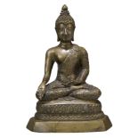 A Thai bronze figure of Shakyamuni Buddha, 19th century, cast in dhyanasana on a base decorated with