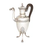 A large Empire-style French silver coffee pot, Paris, 1819-1838, 950 standard, the ovoid body raised