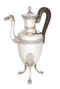 A large Empire-style French silver coffee pot, Paris, 1819-1838, 950 standard, the ovoid body raised