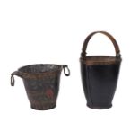 A Victorian leather fire bucket, mid-19th century, decorated in the chinoiserie style, with twin