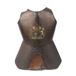 A steel breast plate, late 20th century, transfer printed with the Royal coat-of-arms, 68cm high;