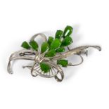 A 14ct gold floral brooch, mid-20th century, set with pear-shaped jadeite drops, 6cm longPlease