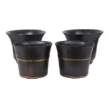 Two pairs of stained pine coal buckets, late 20th century, each with brass banding, 30cm and 24cm