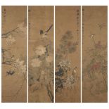 19th century Chinese School, four ink and colour on silk studies depicting birds and blossoming